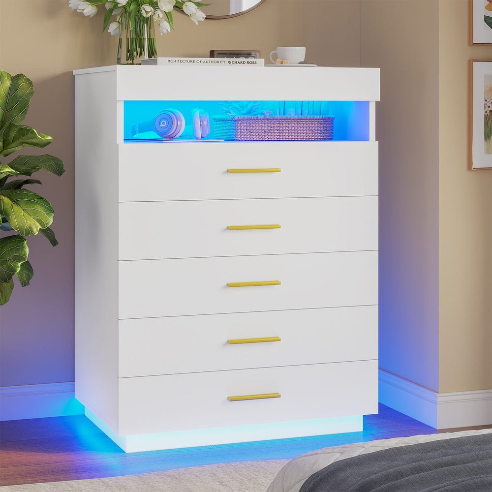 Sikaic Dresser Modern Floating White Dresser Chest of 5 Drawers with Pull-Out Shelf and Open Storage & LED Lights