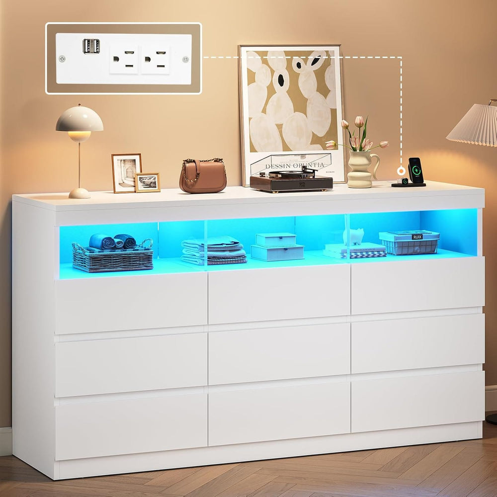 Sikaic Dresser White Dresser Chest of 9 No-Handle Drawers with LED RGB Lights for Bedroom