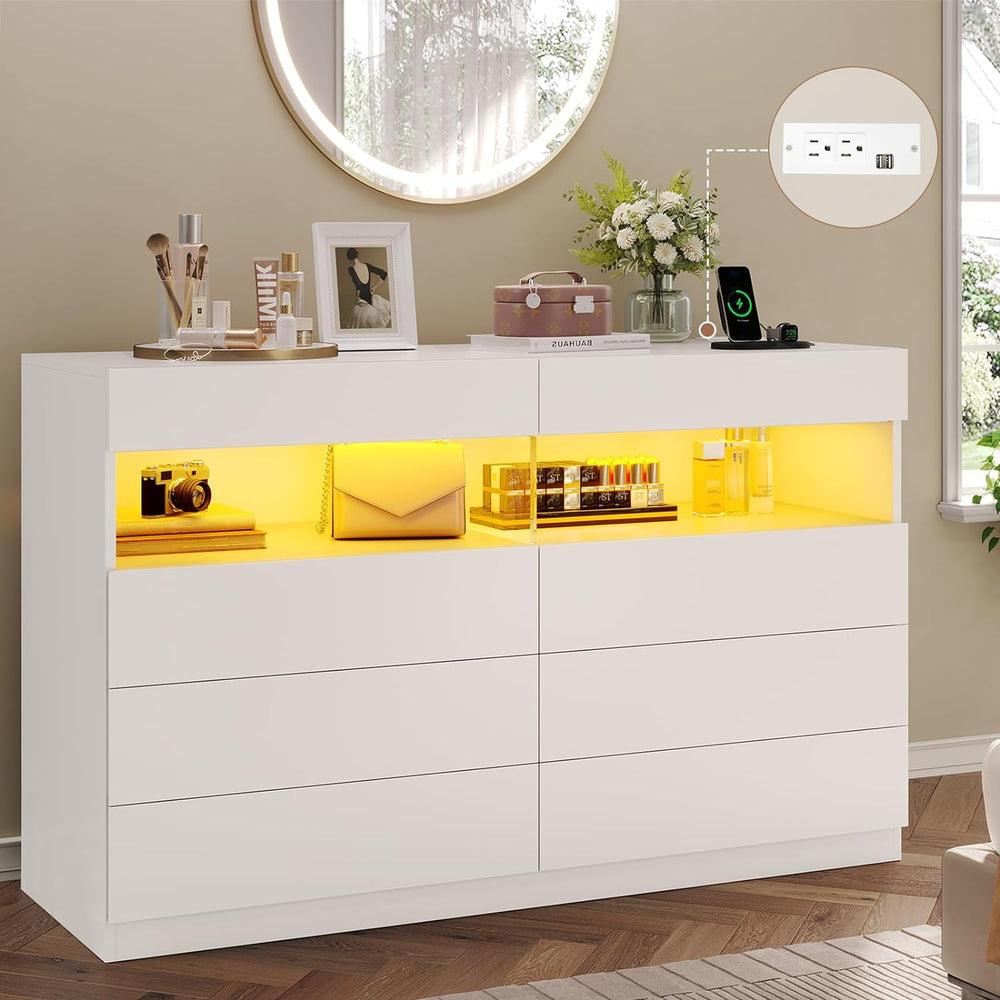 Sikaic Dresser White Dresser for Bedroom with LED Lights Charging Station Modern Double Wide Drawer Organizer Cabinet