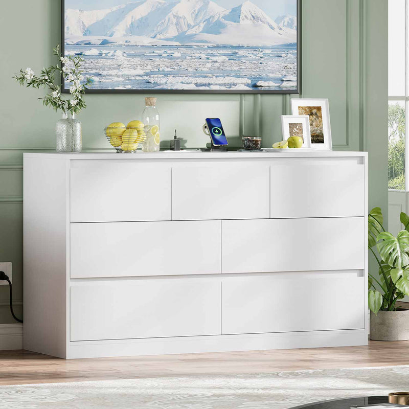 Sikaic Dresser 47.2” Inches Modern Long Dresser With 7 Handle-Free Drawers White White / Modern / Engineered Wood