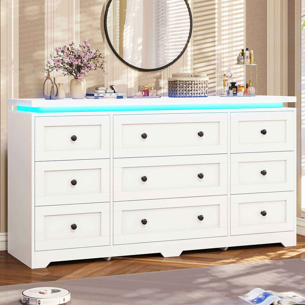 Sikaic Dresser 55.1" Inches LED Modern Wide Dresser With 9 Drawers White White / Modern / Engineered Wood