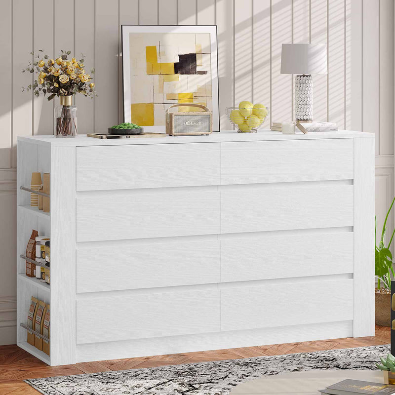 Sikaic Dresser 55.1" Inches Modern Dresser With 8 Handle-Free Drawers & Side Storage Shelves White White / Modern / Engineered Wood