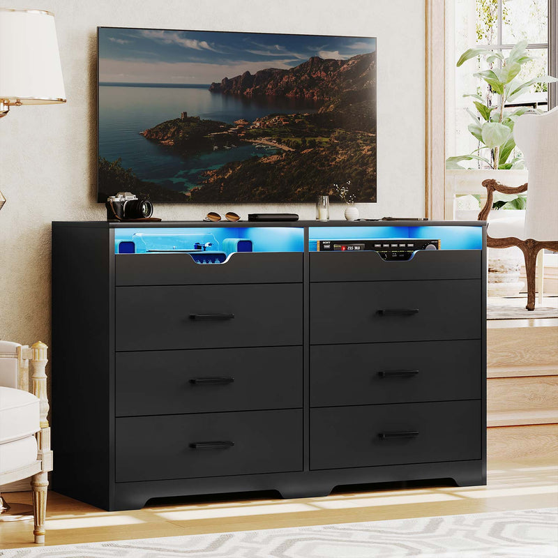 Sikaic Dressers 6 Drawers LED Dresser with 2 Pull-Out Tray Storage Organizer Black