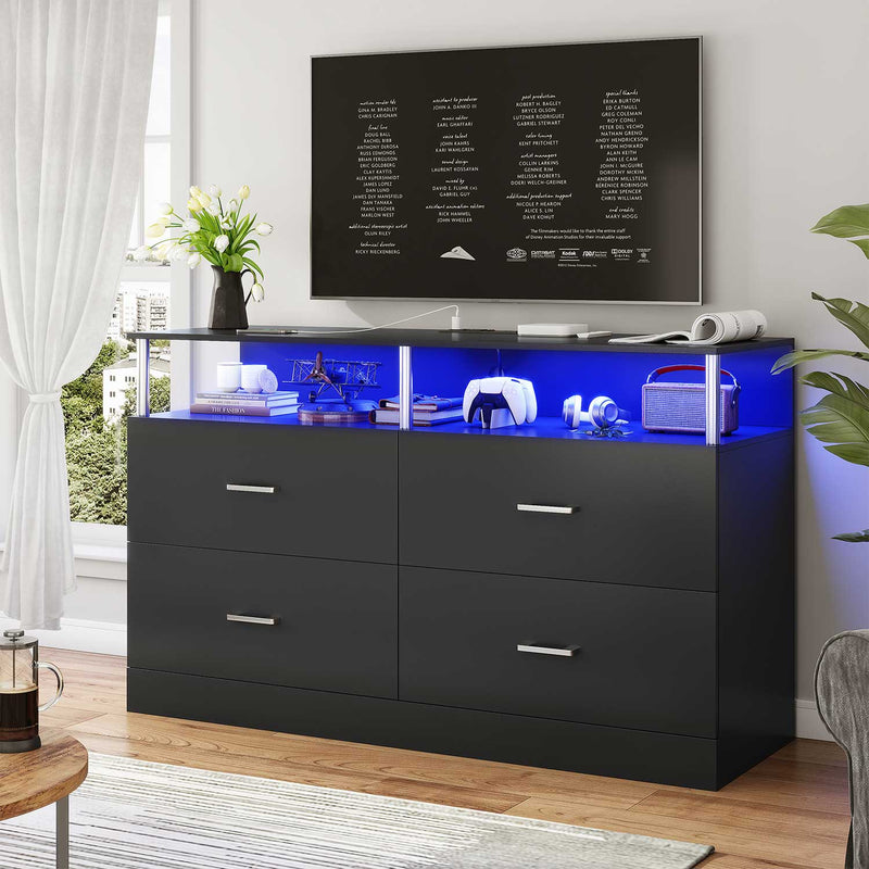 Sikaic Dressers 4 Drawers Dresser with Charging Station Column Design Black