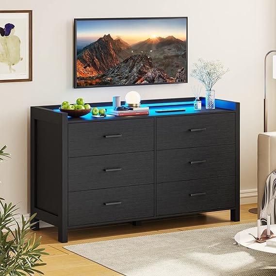 Sikaic Dressers 6 Drawers Double LED Dresser with Storage Cabinet Black