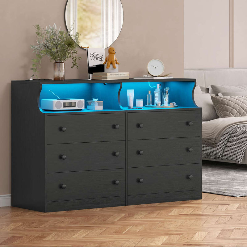 Sikaic Dressers 6 Drawers LED Dresser with Outlets Open Space Black
