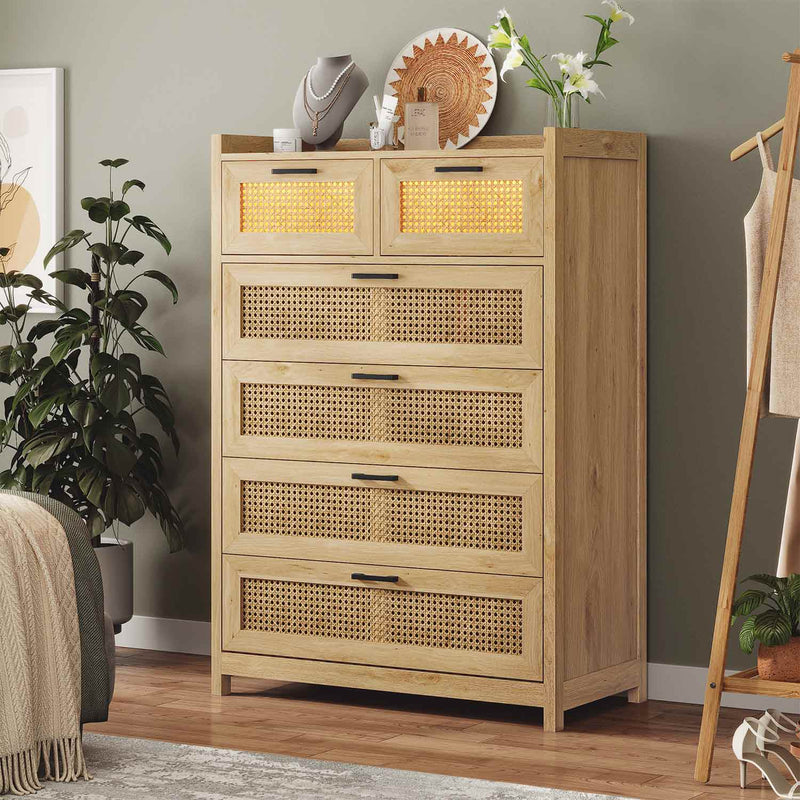 Sikaic Dressers 6 Drawers Tall Dresser for Bedroom Natural Rattan