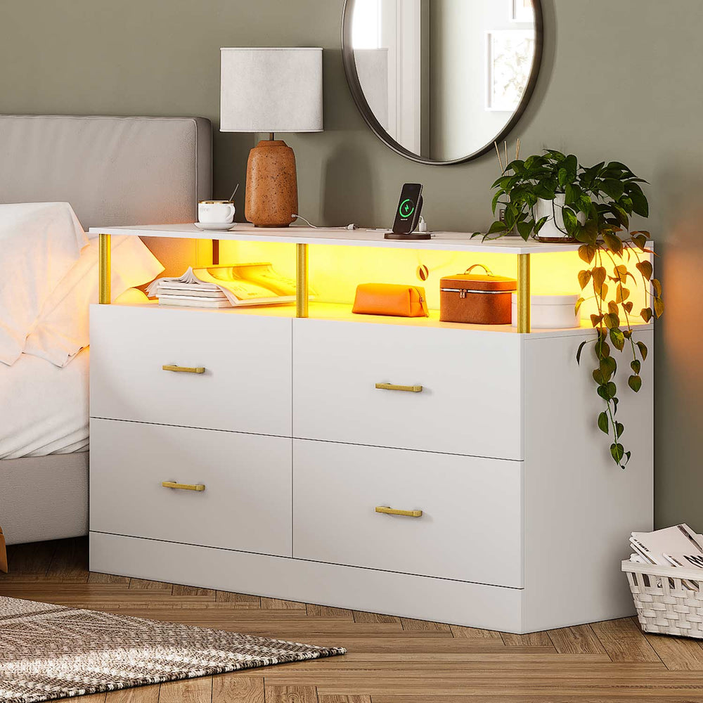 Sikaic Dressers 4 Drawers Dresser with Charging Station Column Design White