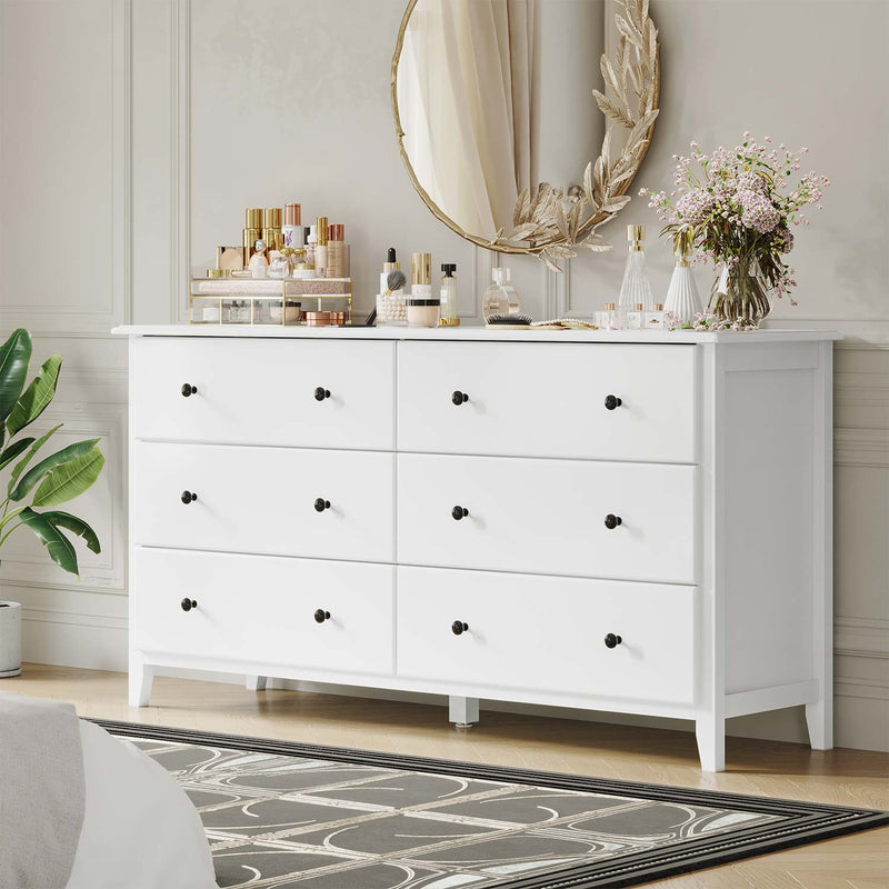 Sikaic Dressers 6 Drawers Double Dresser with Large Capacity Solid Wood Storage Cabinet White