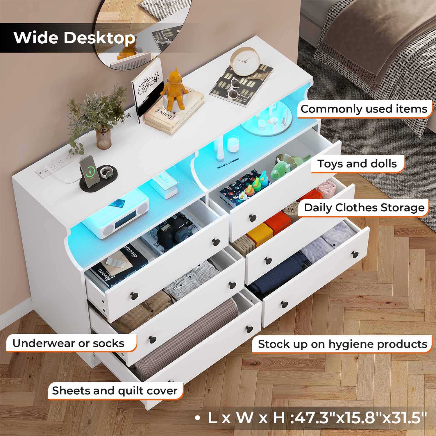 Sikaic 6 Drawers LED Dresser with Outlets Open Space White