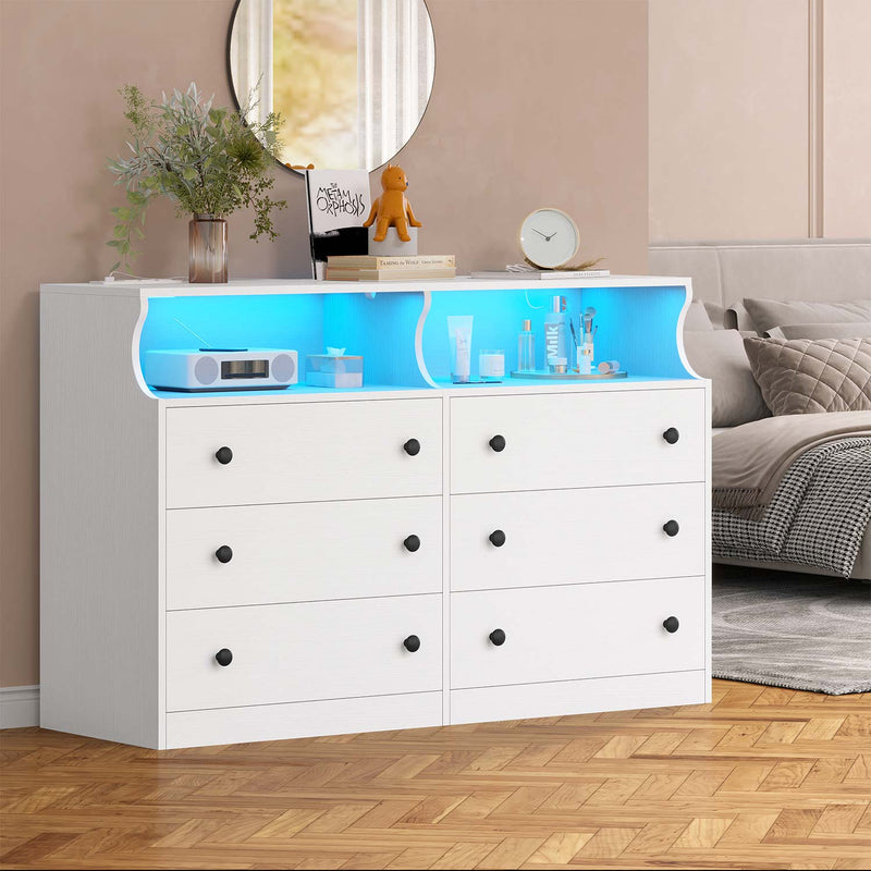 Sikaic Dressers 6 Drawers LED Dresser with Outlets Open Space White