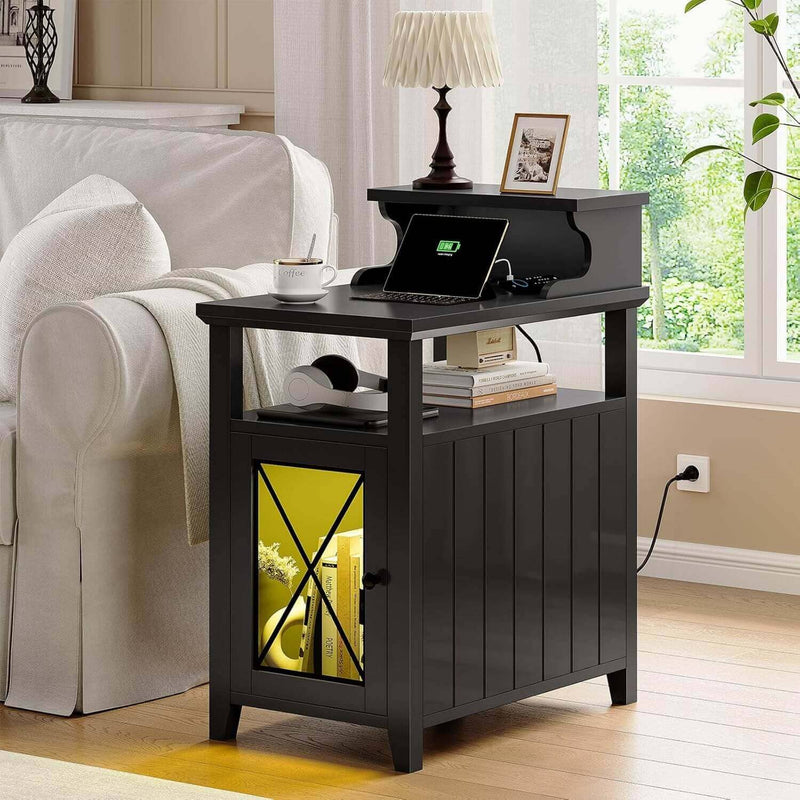 Sikaic End Table Farmhouse LED Lights End Table with Charging Station and Door & Open Shelves Storage Cabinet for Bedroom Black