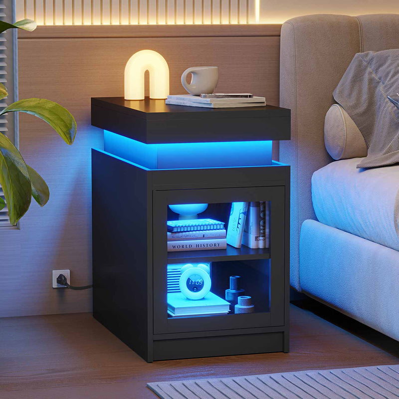 Sikaic End Table LED End Table with Glass Door & Adjustable Shelves Charging Station and Sliding Top for Living Room Black