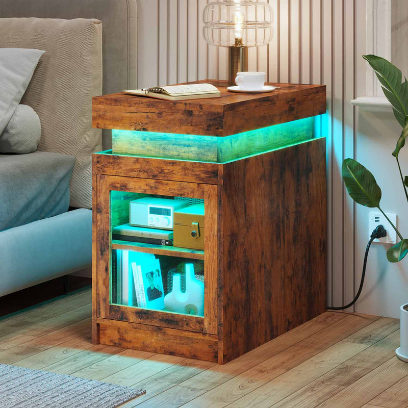 Sikaic End Table LED End Table with Glass Door & Adjustable Shelves Charging Station and Sliding Top for Living Room Brown