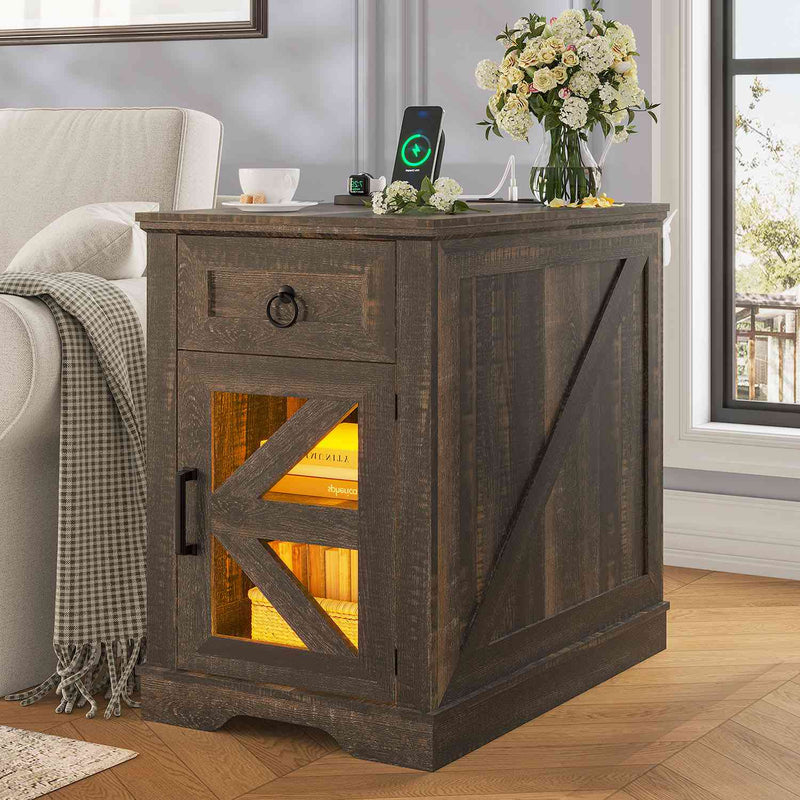 Sikaic End Table LED End Table with Charging Station Sliding Drawer Dark Rustic Oak