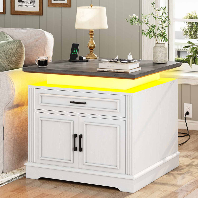 Sikaic End Table 24 Inches Large Farmhouse End Table with Charging Station & Storage Drawers and LED Light for Bedroom White