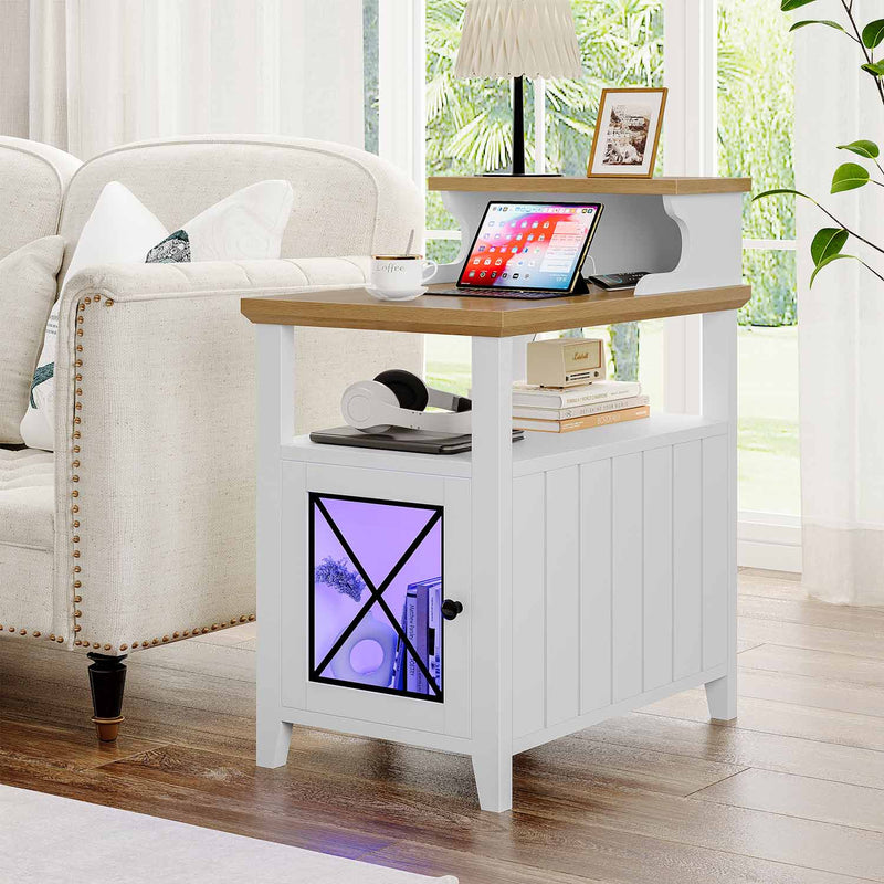 Sikaic End Table Farmhouse LED Lights End Table with Charging Station and Door & Open Shelves Storage Cabinet for Bedroom White