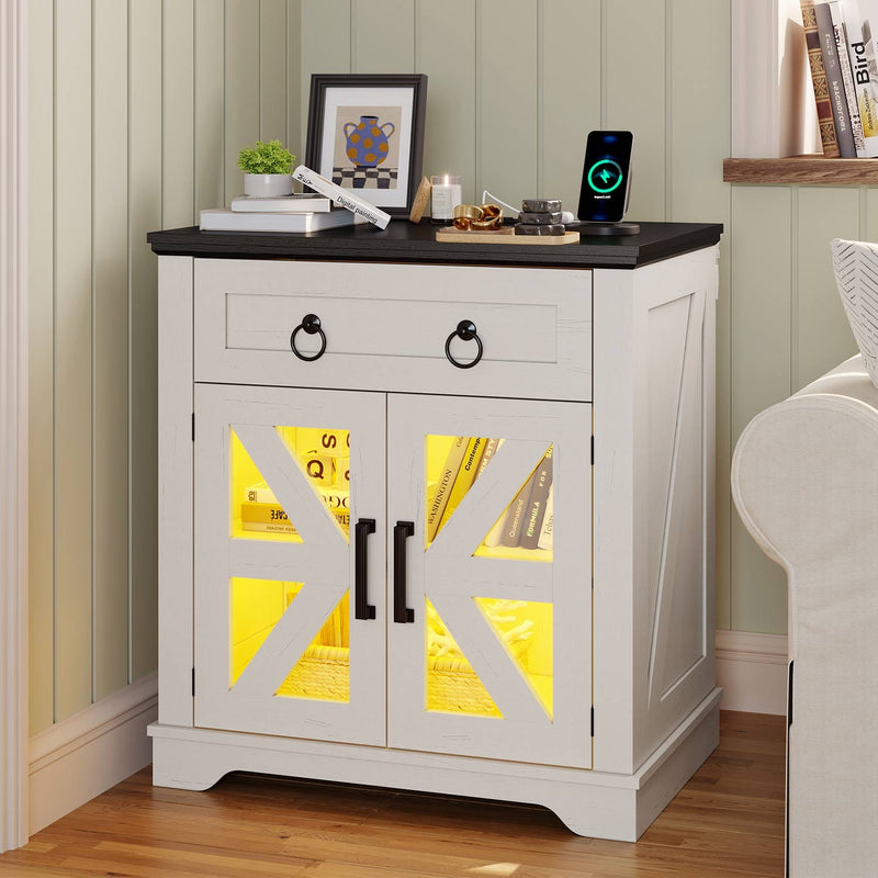 Sikaic End Table Large Farmhouse End Table with LED Lights Charging Station Adjustable Storage Shelf Glass Door Night stand for Bedroom White