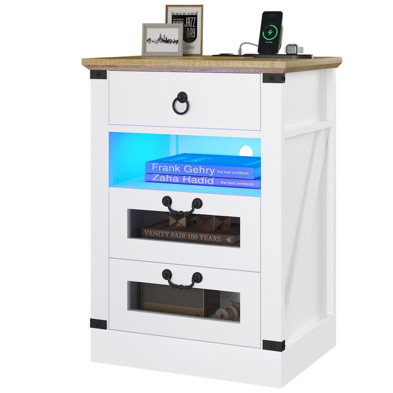 Sikaic End Table Farmhouse LED End Table with Charging Station Drawers for Bedroom White & Wood Grain