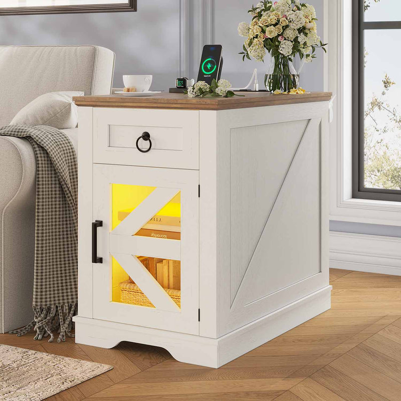 Sikaic End Table LED End Table with Charging Station Sliding Drawer White
