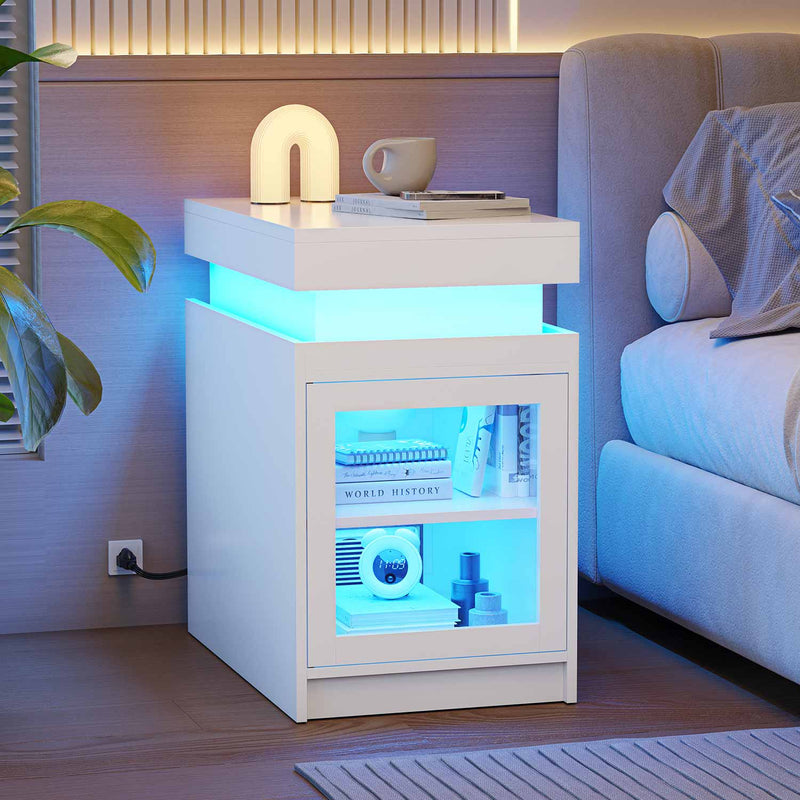 Sikaic End Table LED End Table with Glass Door & Adjustable Shelves Charging Station and Sliding Top for Living Room White