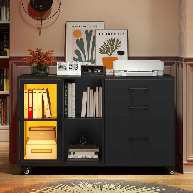 Sikaic File Cabinet 39.4 Inches Wide Mobile File Cabinet with LED Lights and 3 Drawers & Locking Wheels Black Black / Engineered Wood / Modern