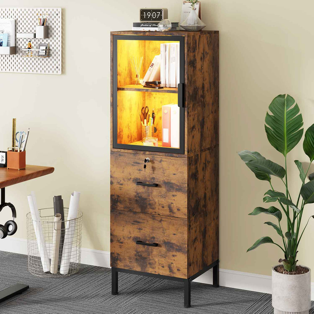 Sikaic File Cabinet 17.7 Inches Wide File Cabinet with LED Lights and 2 Drawers & Lock Brown Brown / Engineered Wood / Modern