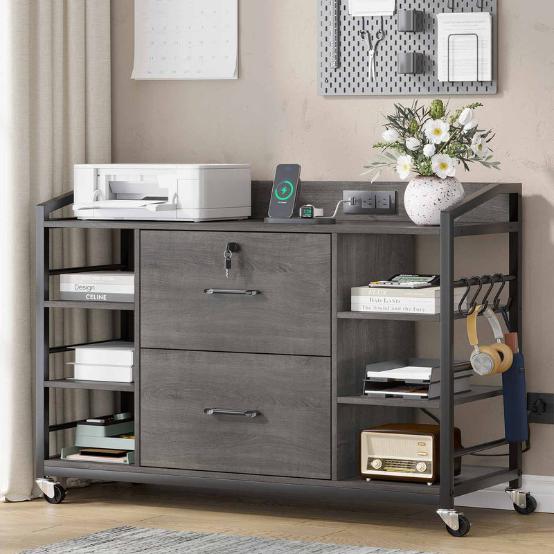 Sikaic File Cabinet 44 Inches File Cabinet with 2 Drawers Lock Power Strip Storage Shelves Grey