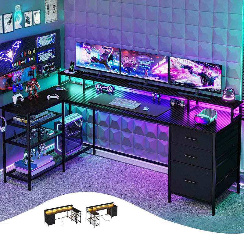 Sikaic Gaming Desk 78 Inches Reversible L Shaped Gaming Desk with 3 Drawers Power Outlet & LED Strip Black Carbon Fiber