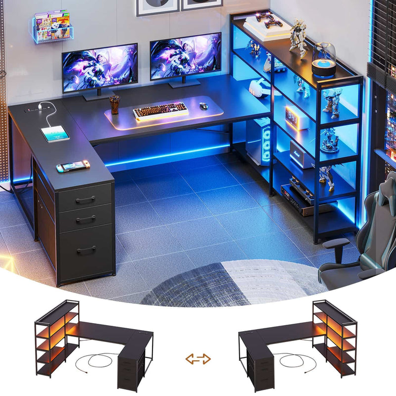 Sikaic Gaming Desk 64.5 inches Reversible L Shaped Desk with Storage Shelves  U Shaped Gaming Desk with 3 Drawers Power Outlet & LED Strip Black Black / Engineered Wood / ‎Industrial