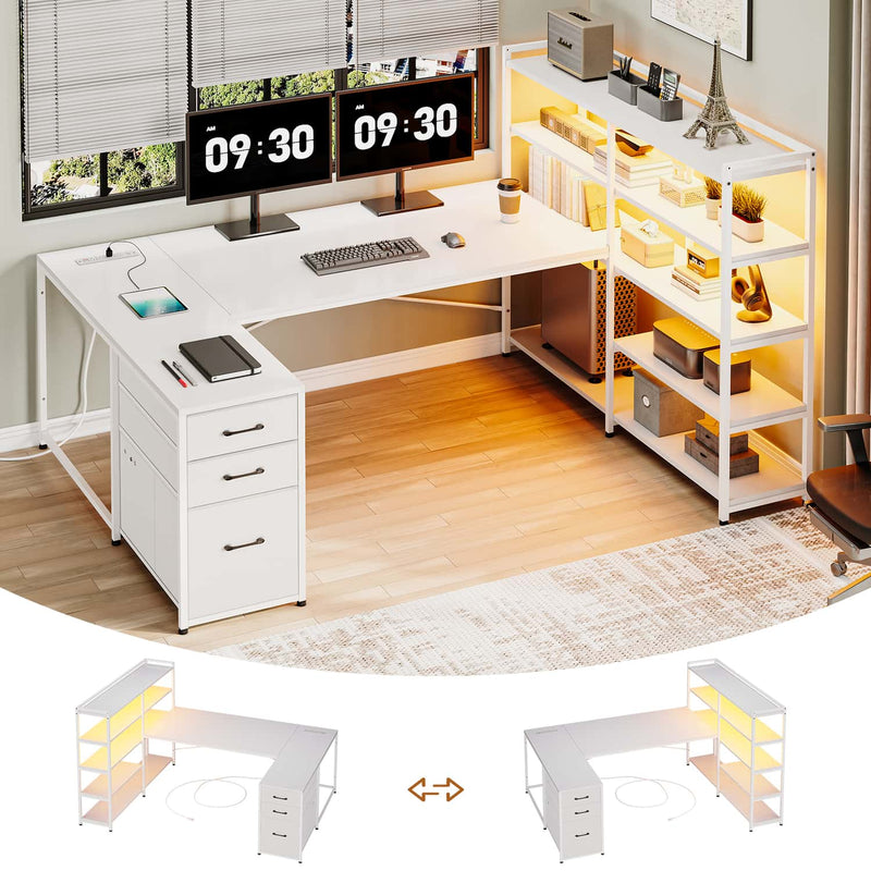 Sikaic Gaming Desk 64.5 inches Reversible L Shaped Desk with Storage Shelves  U Shaped Gaming Desk with 3 Drawers Power Outlet & LED Strip White