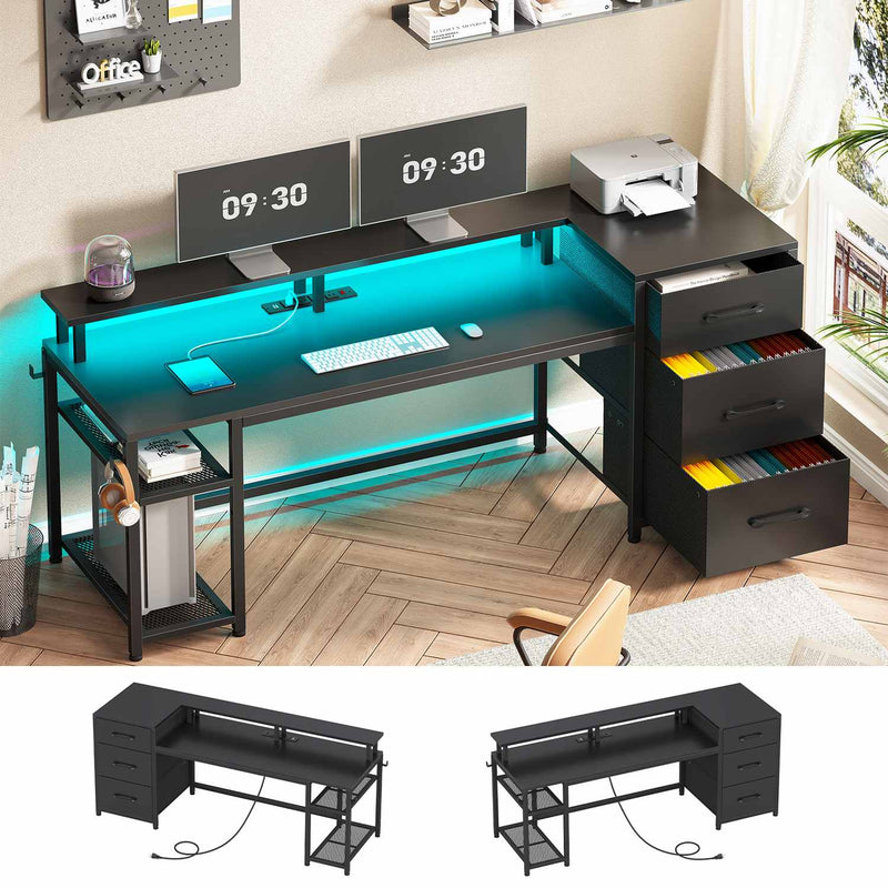 Sikaic Gaming Desk 59 Inches Reversible Gaming Desk with LED Lights & Power Outlet File Drawers and Storage Black