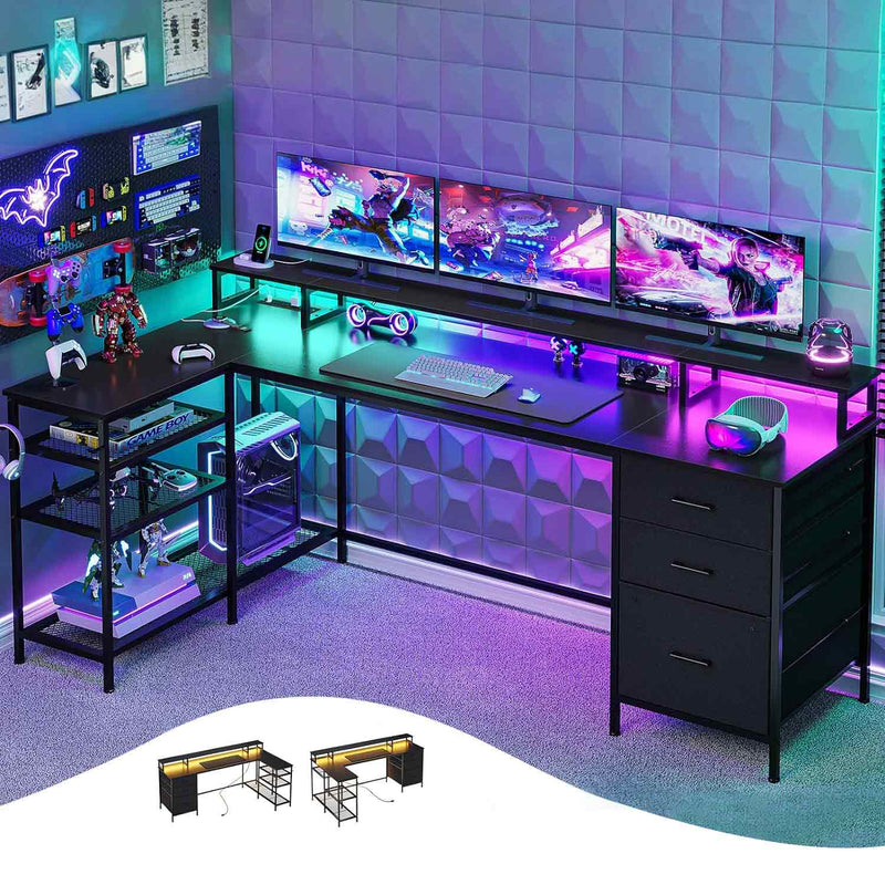 Sikaic Gaming Desk 78 Inches Reversible L Shaped Gaming Desk with 3 Drawers Power Outlet & LED Strip Black