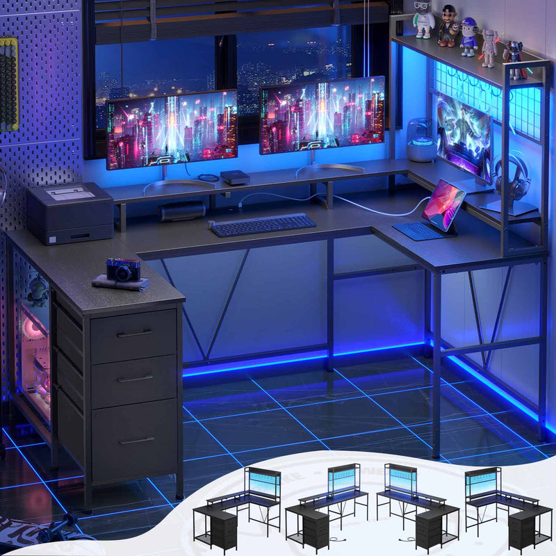 Sikaic Gaming Desk 98.4in U Shaped Reversible L Shaped Gaming Desk with LED Light Hutch Drawers Shelves Pegboard Black