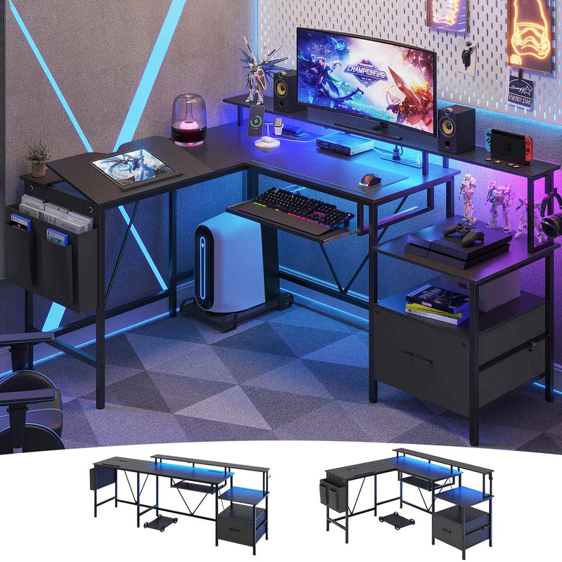 Sikaic Gaming Desk L Shaped Reversible Gaming Desk with Keyboard Tray Adjustable Drafting Table Power Outlet File Cabinet Monitor Stand Black