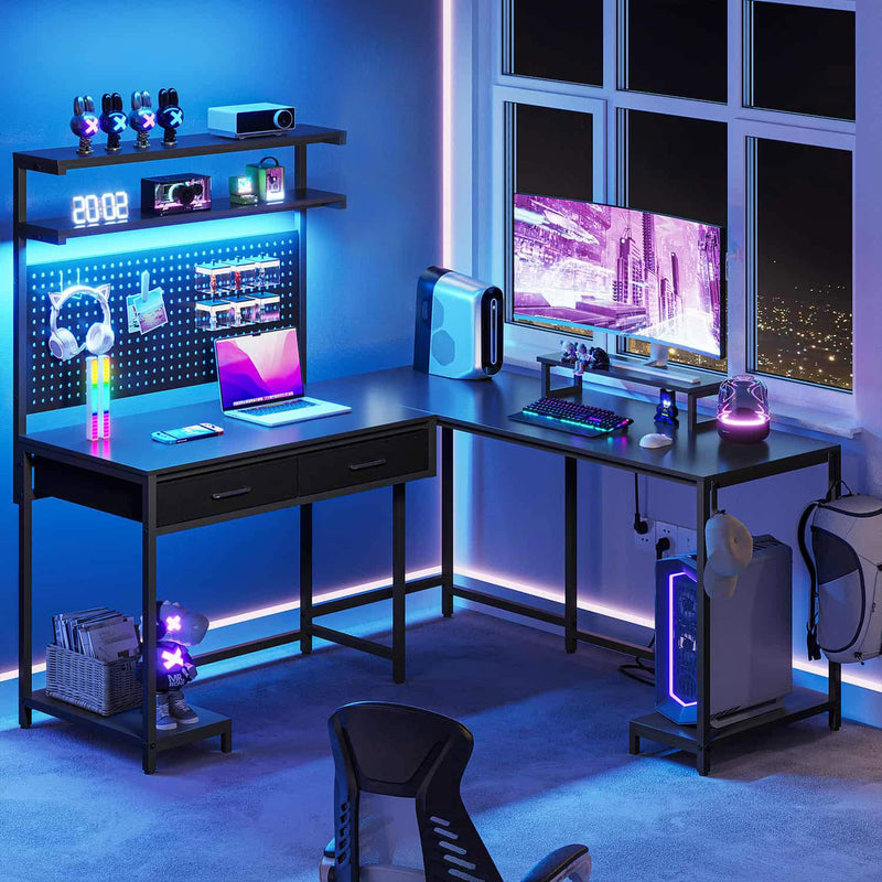 Sikaic Gaming Desk L Shaped Reversible LED Gaming Desk with Hutch Pegboard and Storage Shelves Drawers & Monitor Stand Black