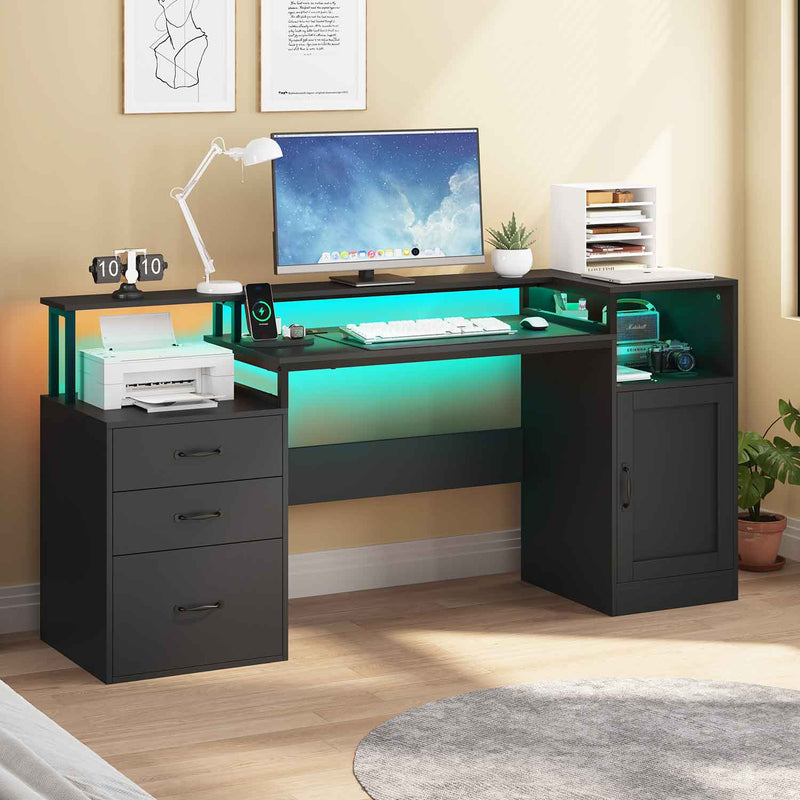 Sikaic Gaming Desk LED Gaming Desk with Drawer File Cabinet and Power Outlets Black Black / Engineered Wood / Modern