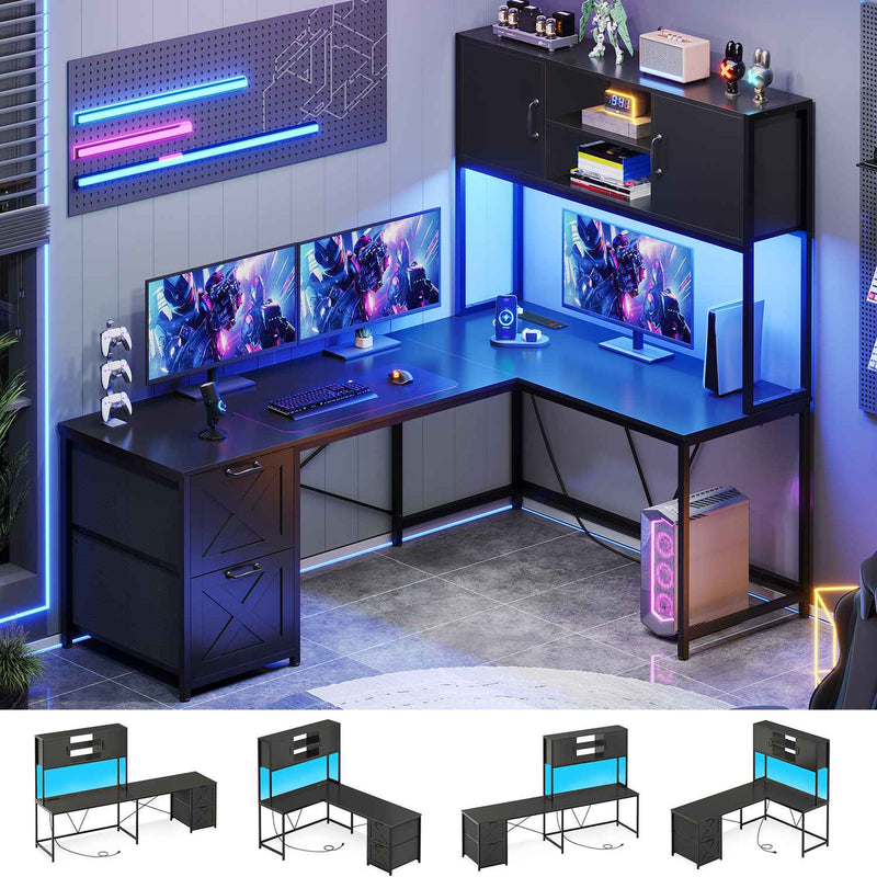 Sikaic Gaming Desk LED lights L Shaped Gaming Desk with Fabric File Drawers and Power Outlet Hutch & Storage Shelves Black