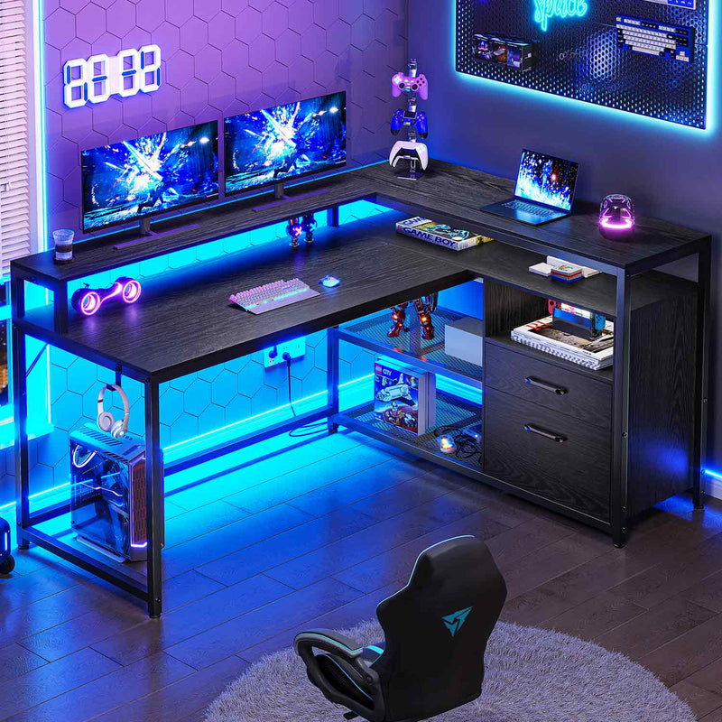 Sikaic Gaming Desk 55 inches LED L Shaped Gaming Desk with Drawers Printer Stand Monitor Stand Black