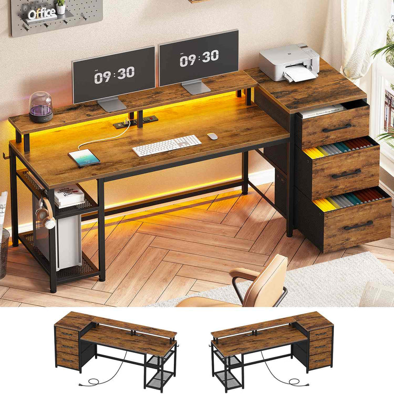 Sikaic Gaming Desk 59 Inches Reversible Gaming Desk with LED Lights & Power Outlet File Drawers and Storage Rustic Brown