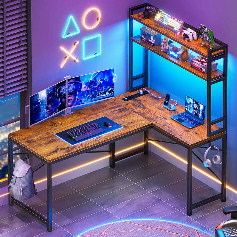 Sikaic Gaming Desk 45.3 inches LED Reversible L Shaped Gaming Desk with Hutch Power Outlet Storage Shelves  and Hooks Brown