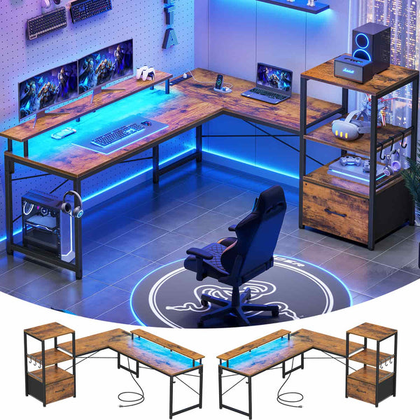 Sikaic Reversible LED L Shaped Gaming Desk with Outlets Brown