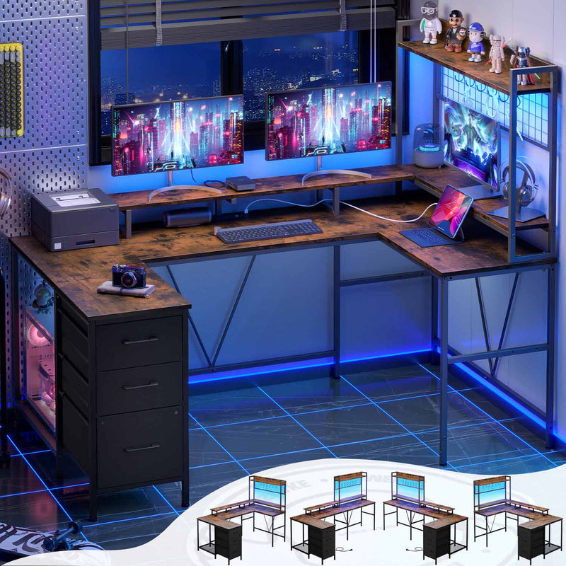 Sikaic Gaming Desk 98.4in U Shaped Reversible L Shaped Gaming Desk with LED Light Hutch Drawers Shelves Pegboard Brown