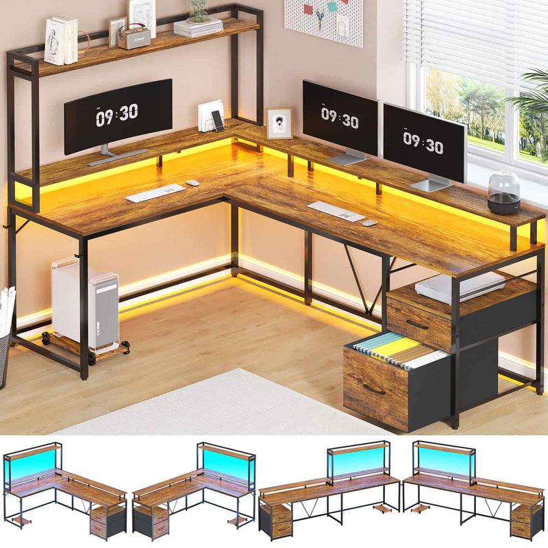 Sikaic Gaming Desk L Shaped LED Reversible Corner Two Person Gaming Desk with File Drawer & Monitor Shelf Hutch Brown