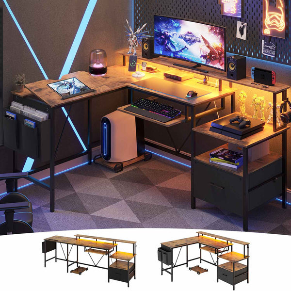 Sikaic L Shaped Reversible Gaming Desk with Outlet Brown