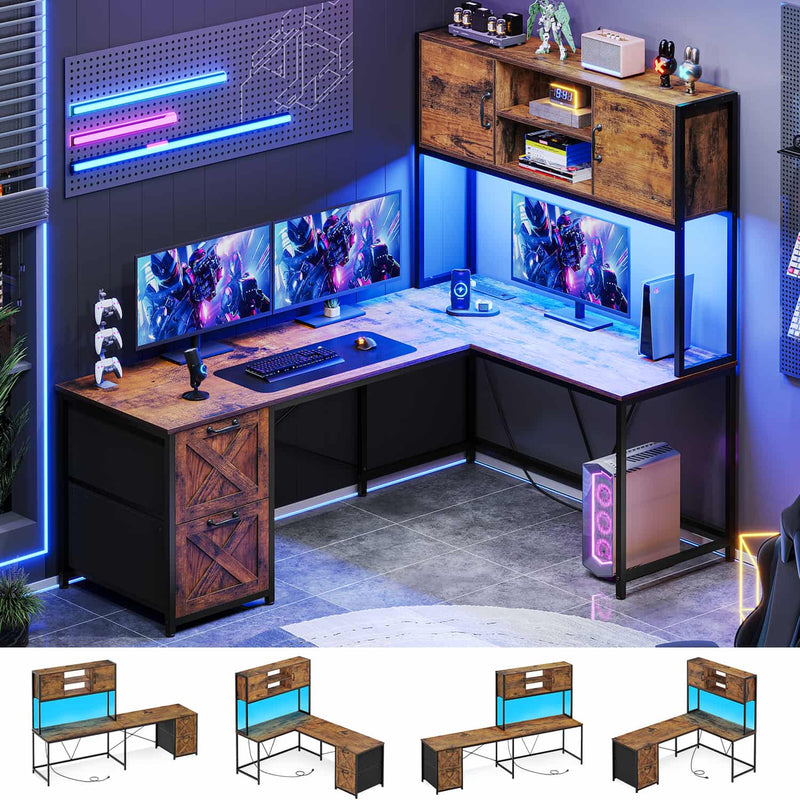 Sikaic Gaming Desk LED lights L Shaped Gaming Desk with Fabric File Drawers and Power Outlet Hutch & Storage Shelves Rustic Brown