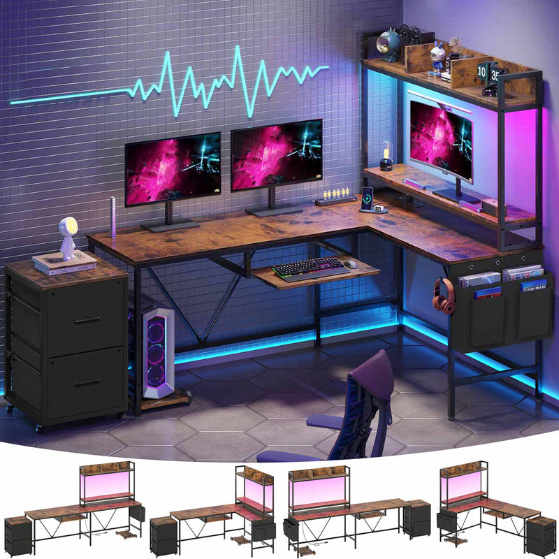 Sikaic Gaming Desk 67 Inches Led L Shaped Reversible Corner Gaming Desk with Power Outlet & Drawer File Cabinet Keyboard Tray Brown