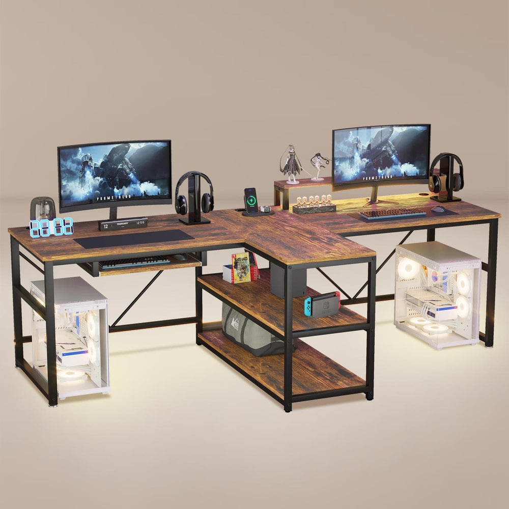 Sikaic Gaming Desk 94.5 Inches T Shaped 2 Person Gaming Desk with Storage Brown Brown / Engineered Wood / Rustic