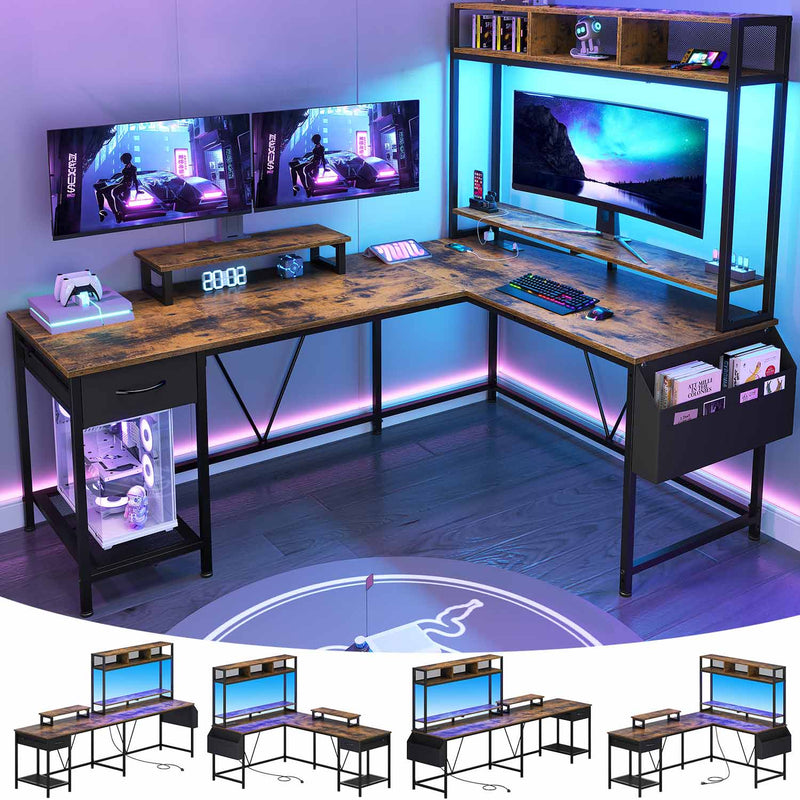 Sikaic Gaming Desk 66.9 inches Reversible L Shaped Gaming Desk with Shelves Drawer Power Outlet and Led Strip Mobile Monitor Stand Brown