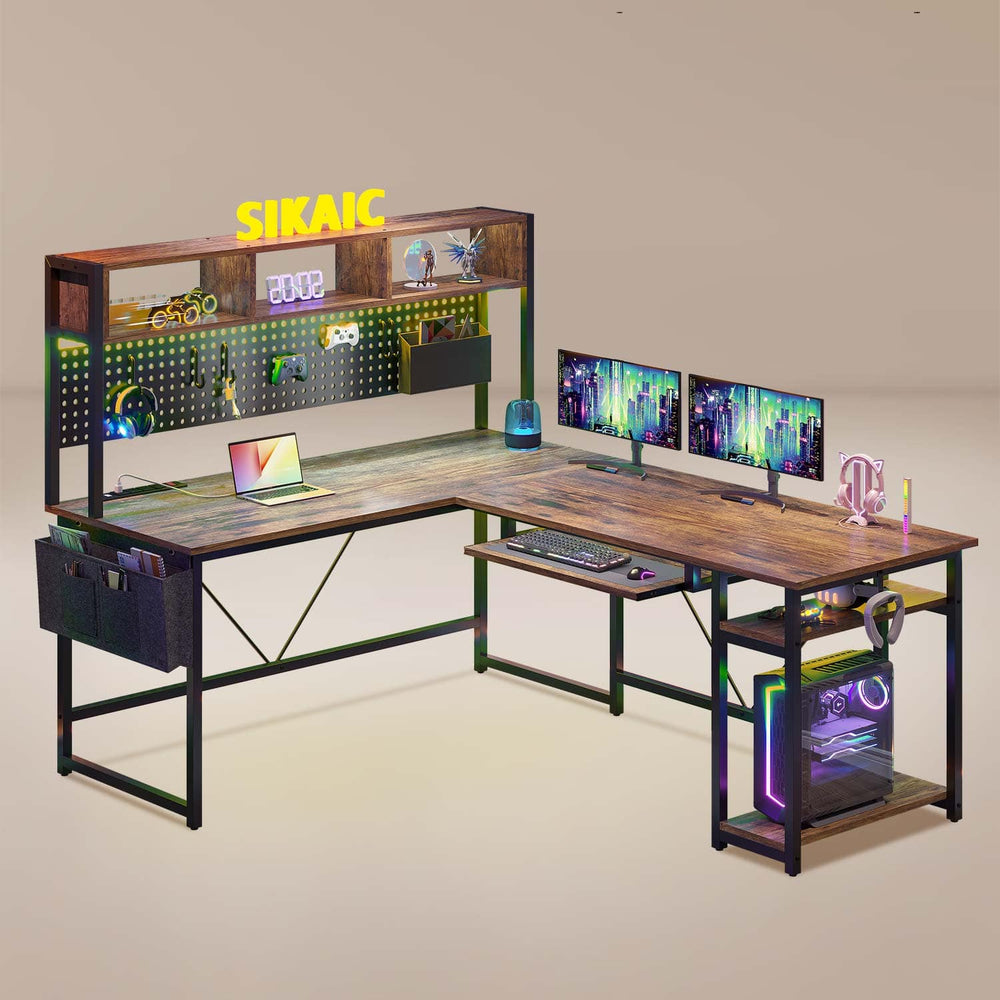 Sikaic Gaming Desk L Shaped Reversible Gaming Desk With LED Lights Rustic Brown Brown / Retro